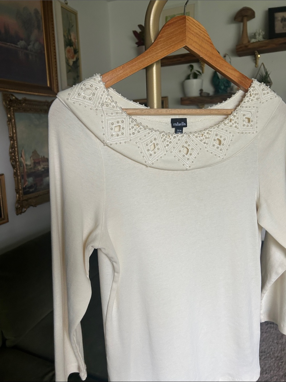 Rafaella Cream Top with Pearl Embellished Neckline